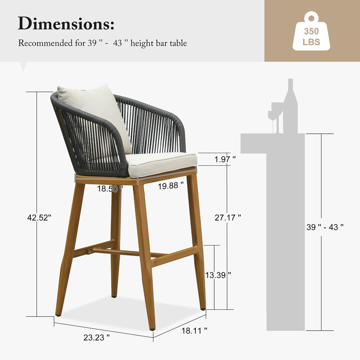 PURPLE LEAF – Tabourets de bar modernes extérieurs en aluminium et rotin avec dossier haut, accoudoirs, coussins et oreillers amovibles
