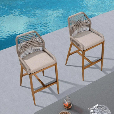 PURPLE LEAF – Lot de 4 tabourets de bar extérieurs en aluminium avec dossier, rotin tressé moderne style bohème pour jardin et piscine