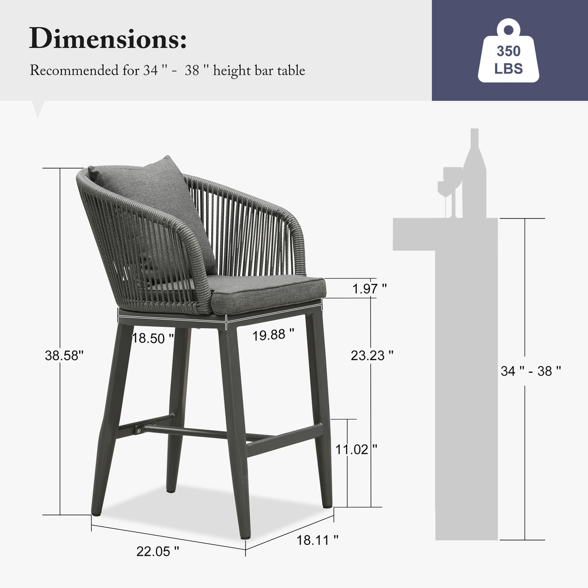 PURPLE LEAF – Tabourets de bar modernes extérieurs en aluminium et rotin avec dossier haut, accoudoirs, coussins et oreillers amovibles