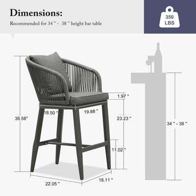 PURPLE LEAF – Tabourets de bar modernes extérieurs en aluminium et rotin avec dossier haut, accoudoirs, coussins et oreillers amovibles