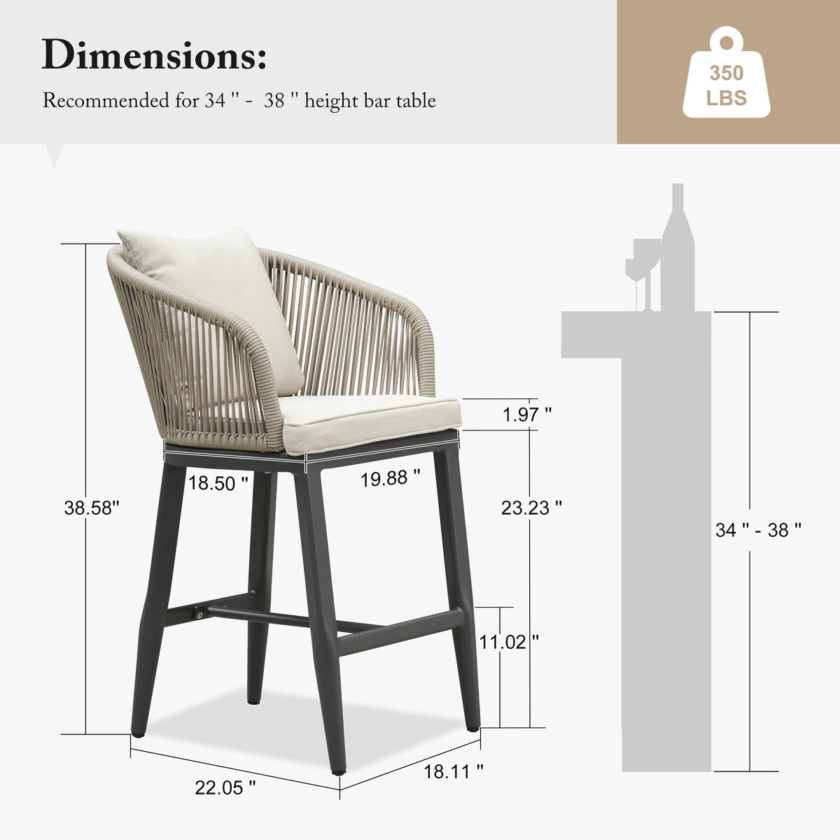 PURPLE LEAF – Tabourets de bar modernes extérieurs en aluminium et rotin avec dossier haut, accoudoirs, coussins et oreillers amovibles