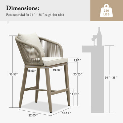 PURPLE LEAF – Tabourets de bar modernes extérieurs en aluminium et rotin avec dossier haut, accoudoirs, coussins et oreillers amovibles