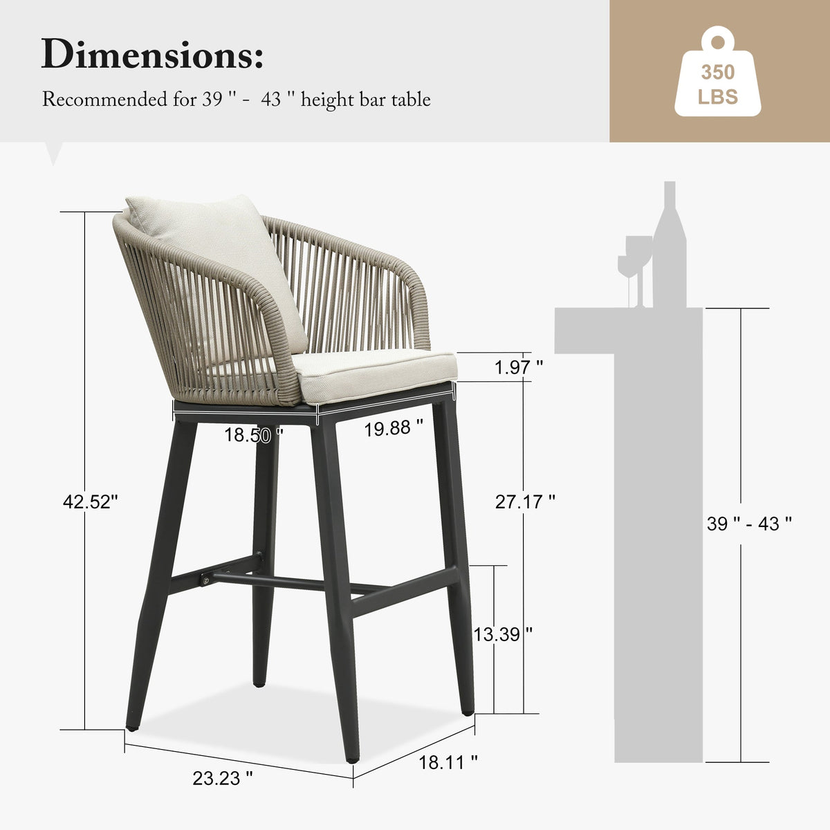 PURPLE LEAF – Tabourets de bar modernes extérieurs en aluminium et rotin avec dossier haut, accoudoirs, coussins et oreillers amovibles