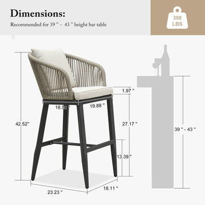 PURPLE LEAF – Tabourets de bar modernes extérieurs en aluminium et rotin avec dossier haut, accoudoirs, coussins et oreillers amovibles