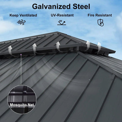 PURPLE LEAF – Pavillon de terrasse pour jardin, toit rigide gris en acier galvanisé avec rideau amélioré