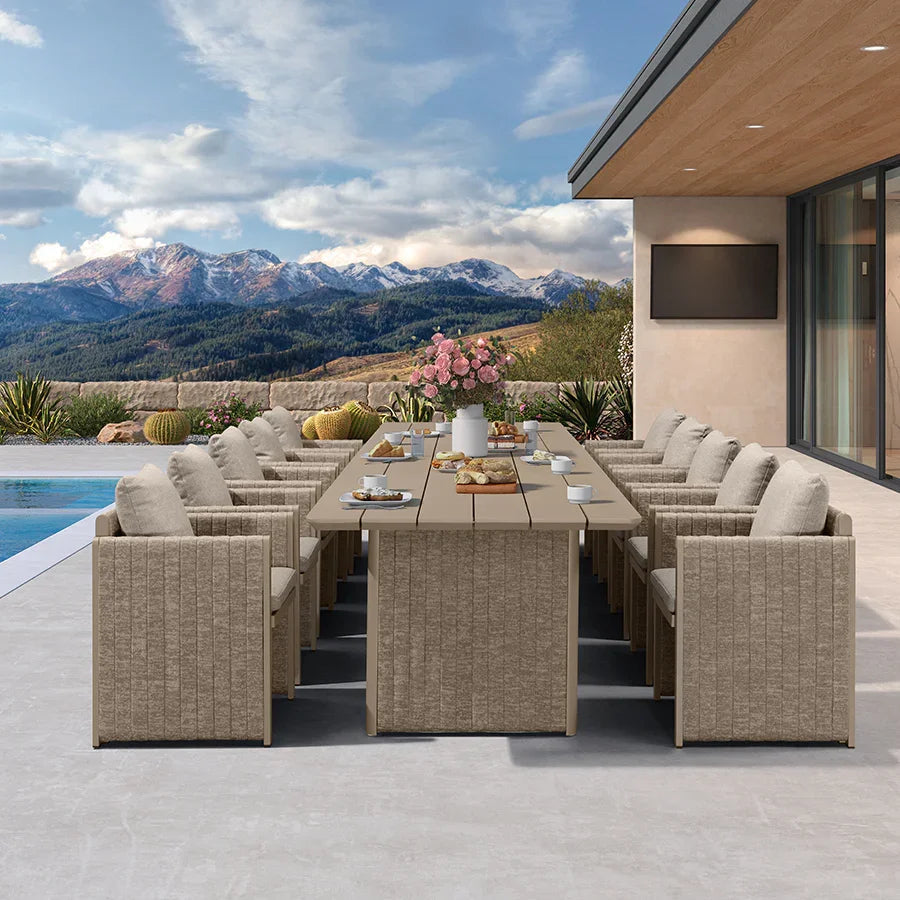 PURPLE LEAF Sanori – Grand ensemble repas moderne de terrasse avec table résistante aux intempéries et chaises en aluminium avec coussins, beige