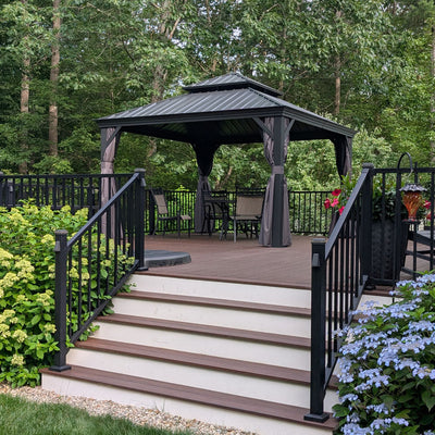 PURPLE LEAF – Pavillon de terrasse pour jardin, toit rigide gris en acier galvanisé avec rideau amélioré