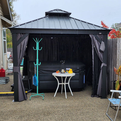 PURPLE LEAF – Pavillon de terrasse pour jardin, toit rigide gris en acier galvanisé avec rideau amélioré