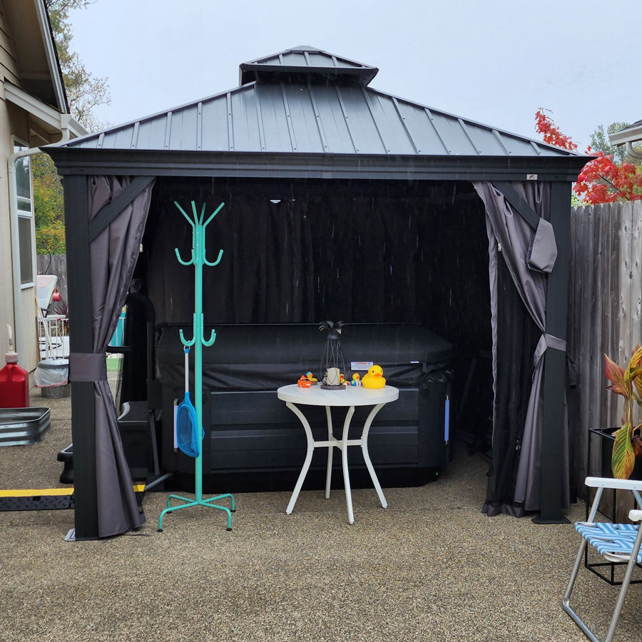 PURPLE LEAF – Pavillon de terrasse pour jardin, toit rigide gris en acier galvanisé avec rideau amélioré