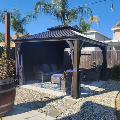 PURPLE LEAF – Pavillon extérieur à toit rigide pour terrasse, structure en aluminium bronze avec rideau bleu marine