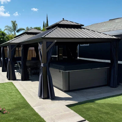 PURPLE LEAF – Pavillon extérieur à toit rigide pour terrasse, structure en aluminium bronze avec rideau bleu marine