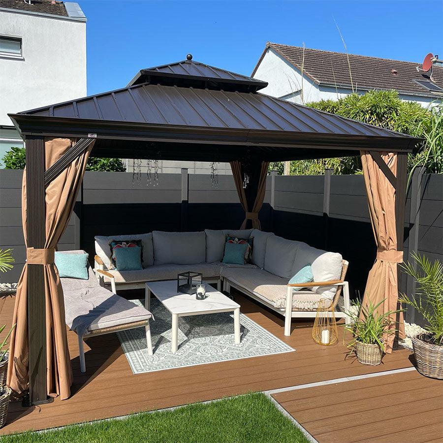 PURPLE LEAF – Pavillon extérieur à toit rigide pour jardin, double toit bronze, structure en aluminium et tige de renfort