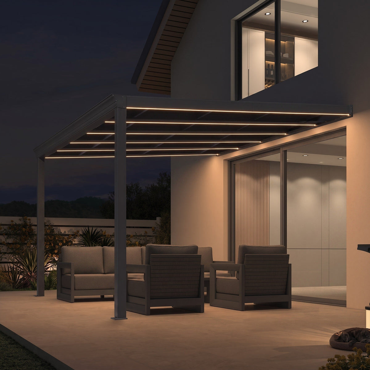 PURPLE LEAF – Pavillon mural avec toit gris en polycarbonate, structure en aluminium et ruban lumineux pour porche