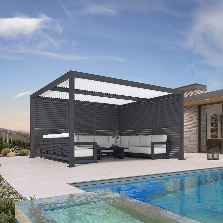 PURPLE LEAF Athena – Pergola extérieure grise en aluminium à lames orientables avec paroi à volets, réglable et étanche à la pluie