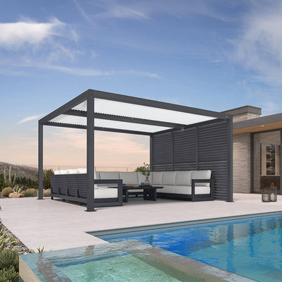 PURPLE LEAF Athena – Pergola extérieure grise en aluminium à lames orientables avec paroi à volets, réglable et étanche à la pluie