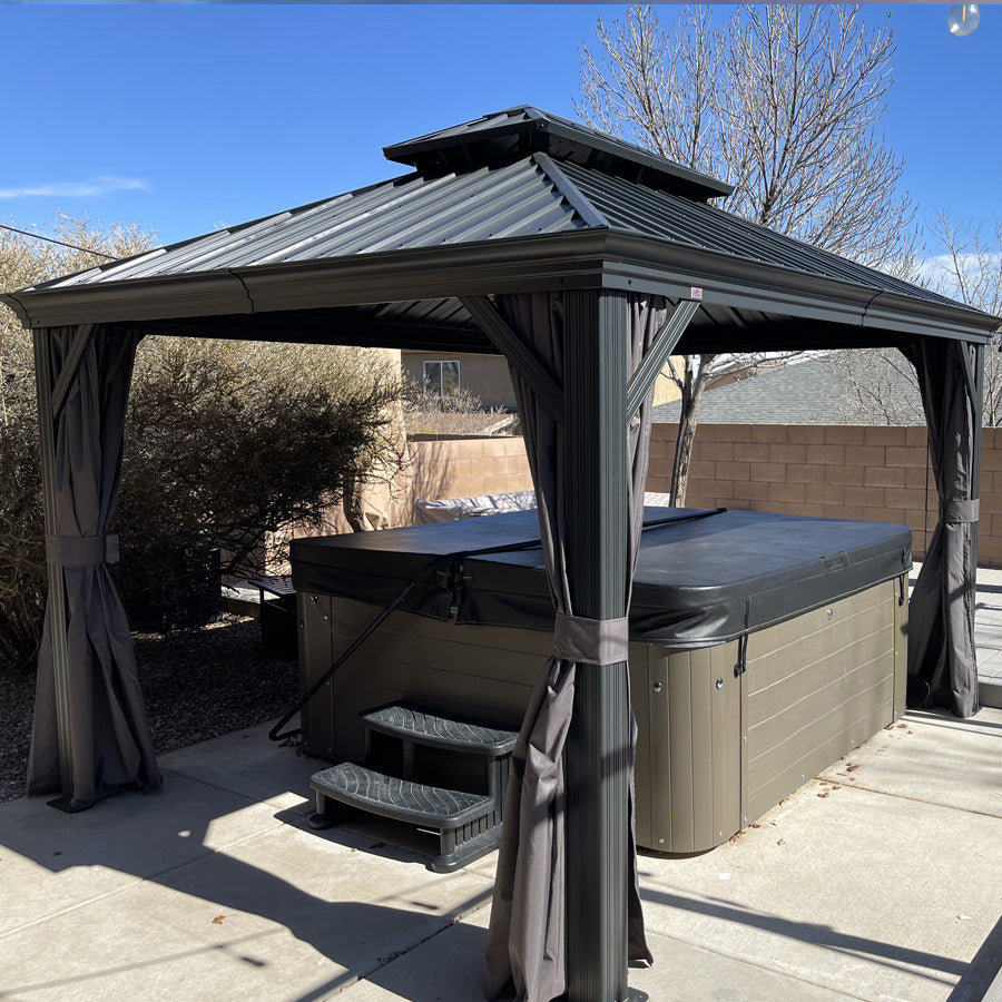 PURPLE LEAF – Pavillon de terrasse pour jardin, toit rigide gris en acier galvanisé avec rideau amélioré