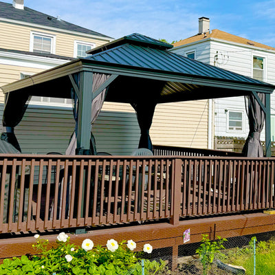 PURPLE LEAF – Pavillon de terrasse pour jardin, toit rigide gris en acier galvanisé avec rideau amélioré
