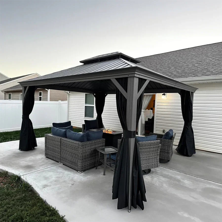 PURPLE LEAF – Pavillon de terrasse pour piscine, toit rigide gris clair en acier galvanisé avec guirlande lumineuse – clear