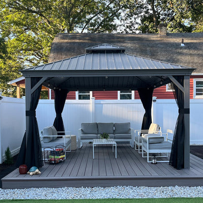 PURPLE LEAF – Pavillon de terrasse pour piscine, toit rigide gris clair en acier galvanisé avec rideaux améliorés
