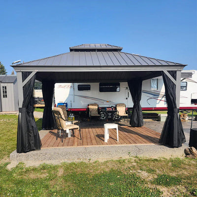 PURPLE LEAF – Pavillon de terrasse pour piscine, toit rigide gris clair en acier galvanisé avec rideaux améliorés