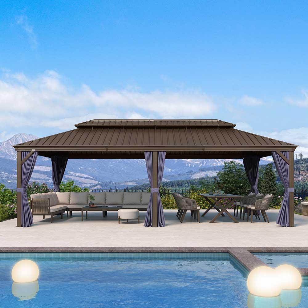 PURPLE LEAF – Pavillon extérieur à toit rigide pour terrasse, structure en aluminium bronze avec rideau bleu marine