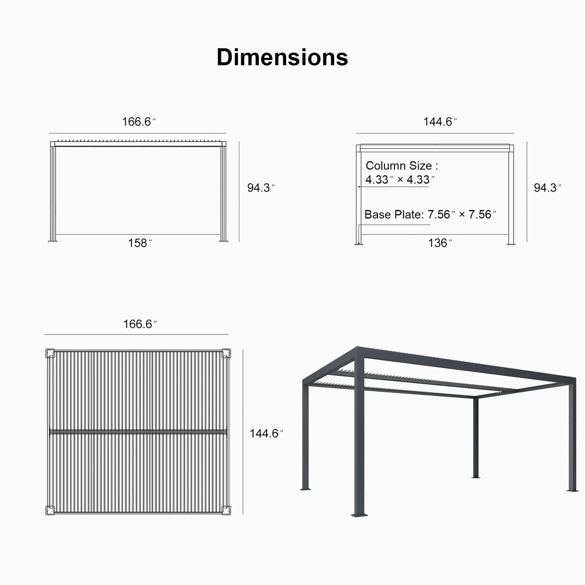 PURPLE LEAF Athena – Pergola extérieure grise en aluminium à lames orientables avec paroi à volets, réglable et étanche à la pluie