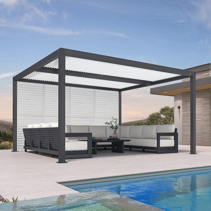 PURPLE LEAF Athena – Pergola extérieure grise en aluminium à lames orientables avec paroi à volets, réglable et étanche à la pluie
