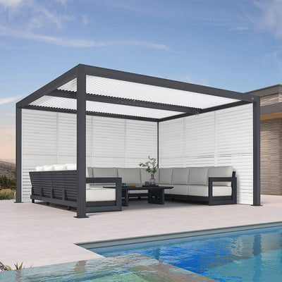 PURPLE LEAF Athena – Pergola extérieure grise en aluminium à lames orientables avec paroi à volets, réglable et étanche à la pluie