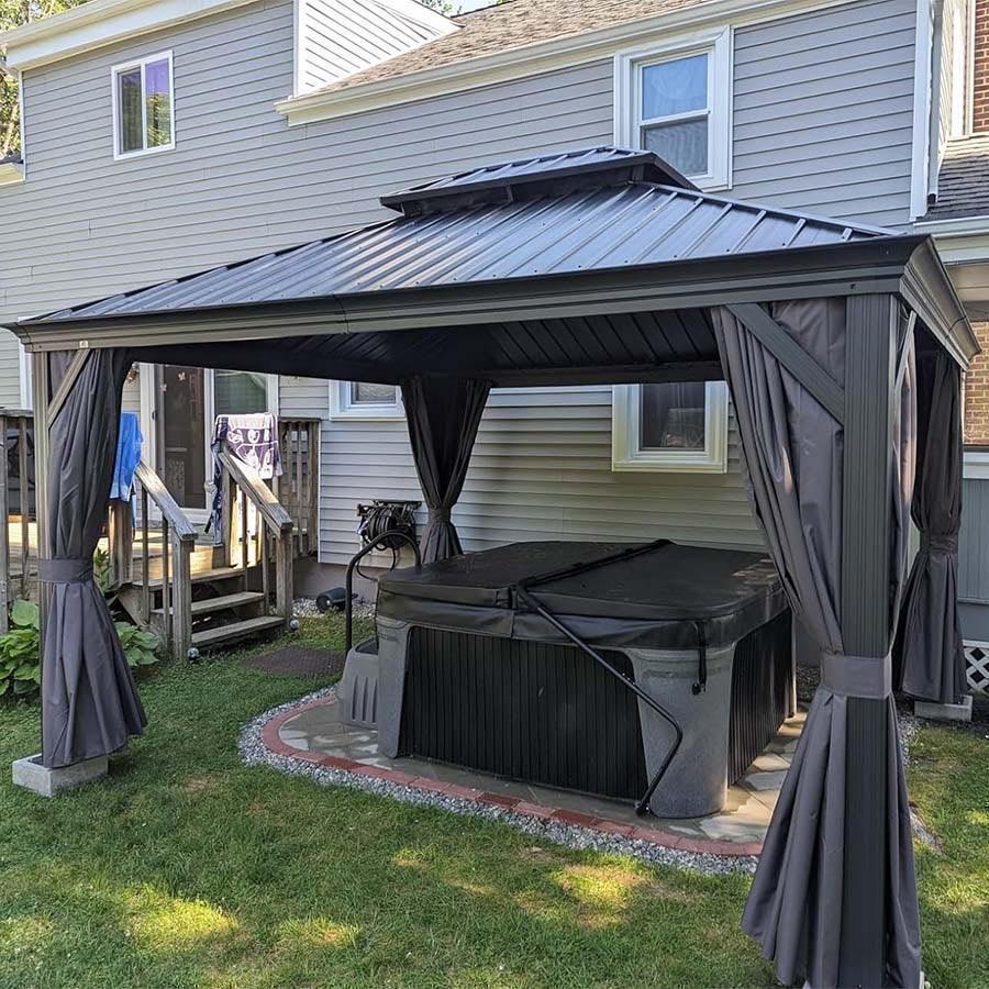 PURPLE LEAF – Pavillon de terrasse pour jardin, toit rigide gris en acier galvanisé avec rideau amélioré