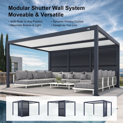 PURPLE LEAF Athena – Pergola extérieure grise en aluminium à lames orientables avec paroi à volets, réglable et étanche à la pluie