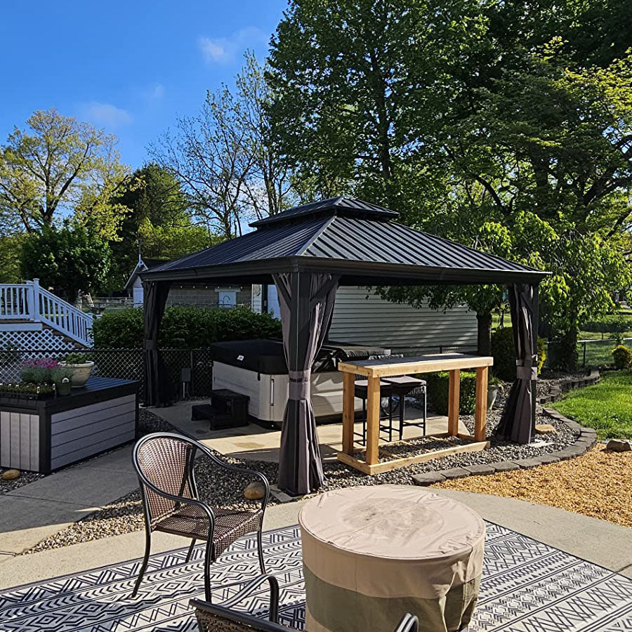 PURPLE LEAF – Pavillon de terrasse pour jardin, toit rigide gris en acier galvanisé avec rideau amélioré