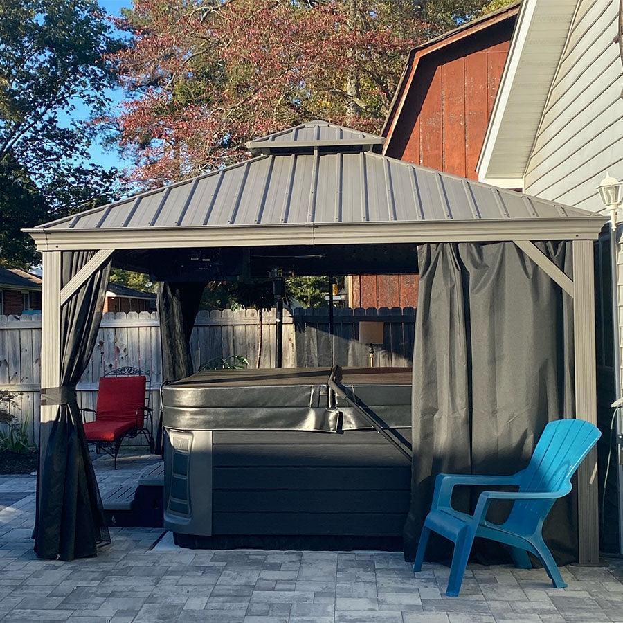 PURPLE LEAF – Pavillon de terrasse pour piscine, toit rigide gris clair en acier galvanisé avec rideaux améliorés