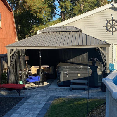 PURPLE LEAF – Pavillon de terrasse pour piscine, toit rigide gris clair en acier galvanisé avec rideaux améliorés