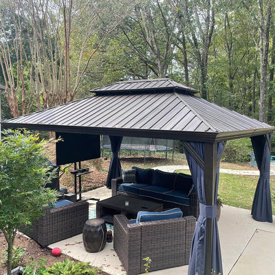 PURPLE LEAF – Pavillon extérieur à toit rigide pour terrasse, structure en aluminium bronze avec rideau bleu marine