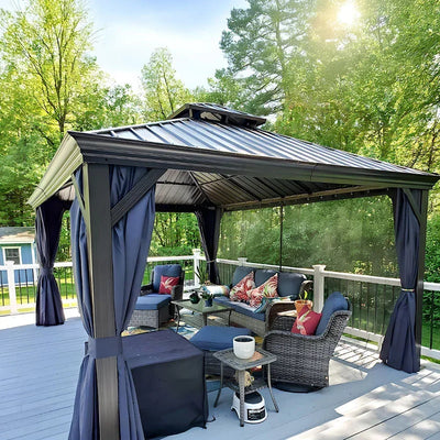 PURPLE LEAF – Pavillon extérieur à toit rigide pour terrasse, structure en aluminium bronze avec rideau bleu marine