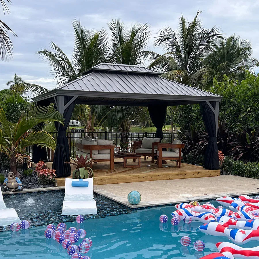 PURPLE LEAF – Pavillon de terrasse pour piscine, toit rigide gris clair en acier galvanisé avec rideaux améliorés