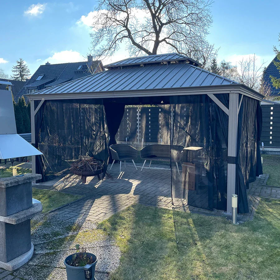 PURPLE LEAF – Pavillon de terrasse pour piscine, toit rigide gris clair en acier galvanisé avec rideaux améliorés