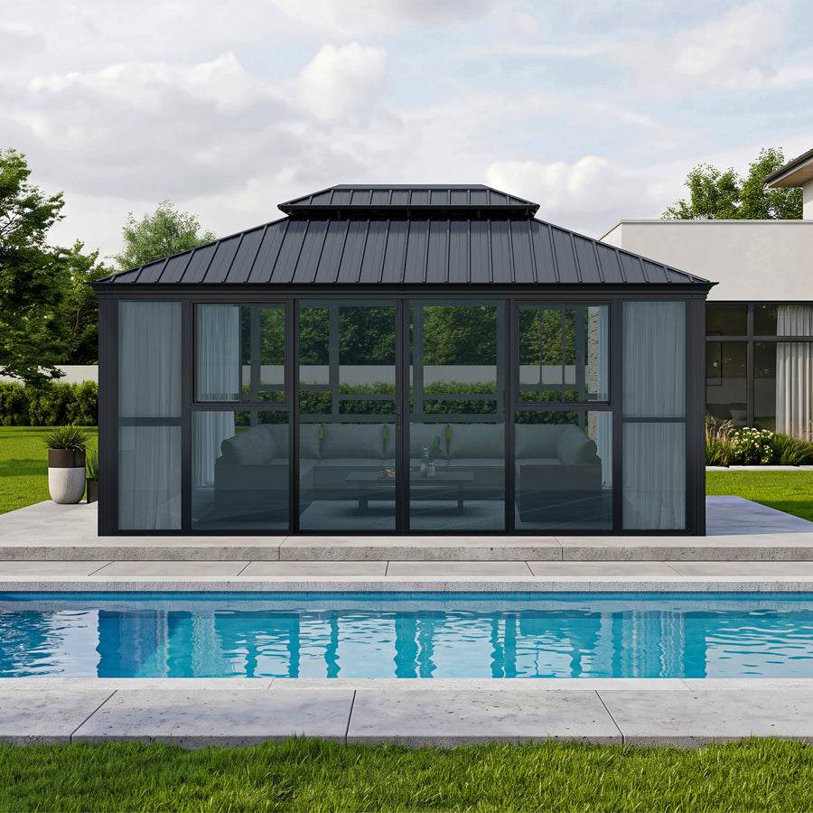 PURPLE LEAF – Solarium haut de gamme transparent 360° avec rideaux élégants, portes coulissantes et fenêtres sur 4 côtés