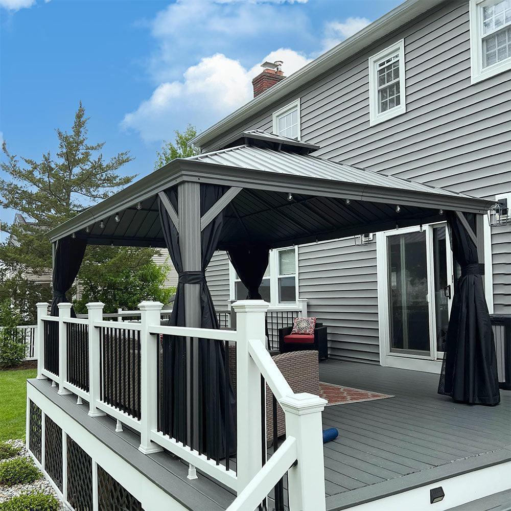 PURPLE LEAF – Pavillon de terrasse pour piscine, toit rigide gris clair en acier galvanisé avec guirlande lumineuse – milky