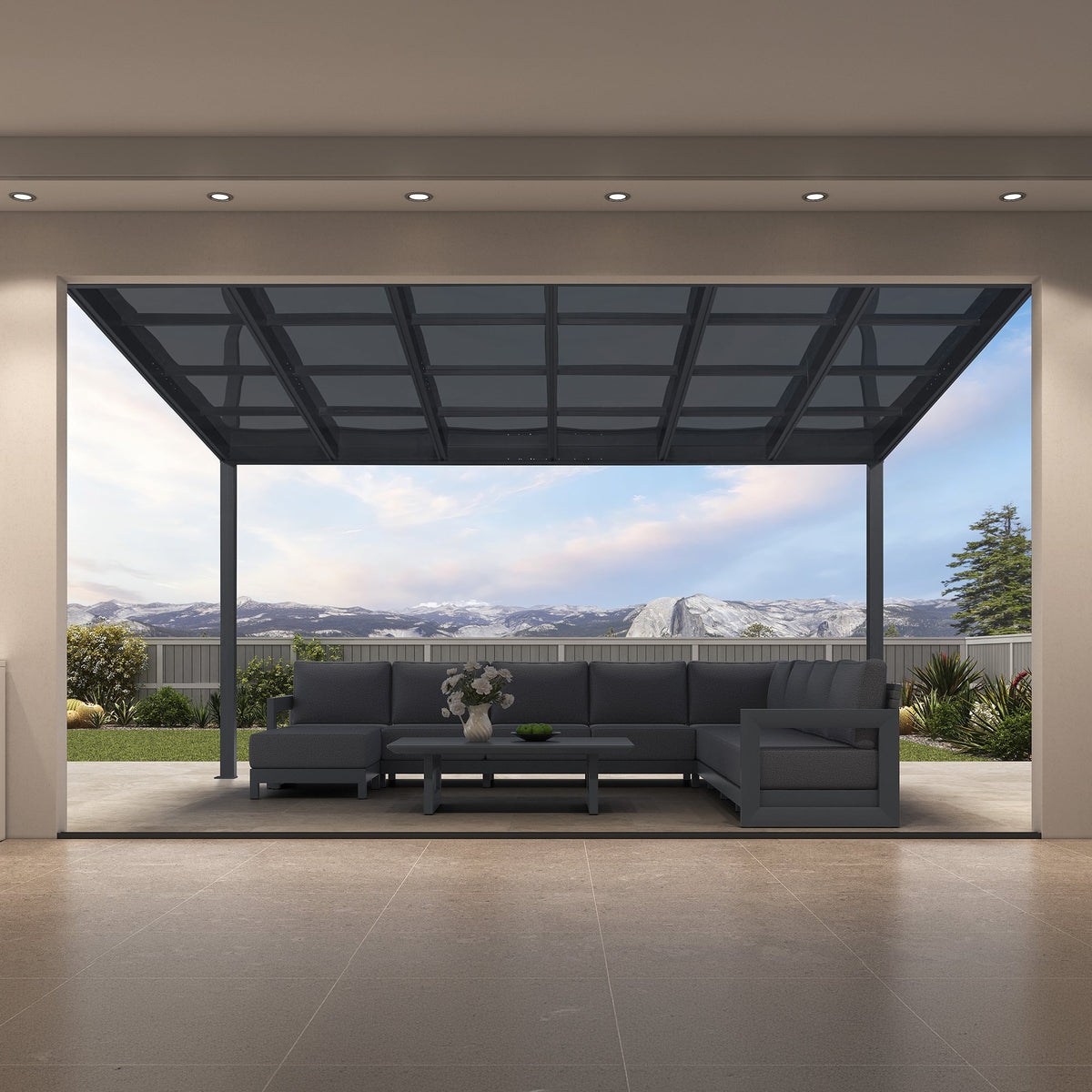 PURPLE LEAF – Pavillon mural avec toit gris en polycarbonate et structure en aluminium, couverture de terrasse pour porche
