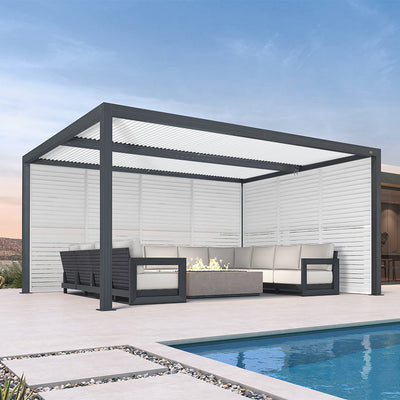 PURPLE LEAF Athena – Pergola extérieure grise en aluminium à lames orientables avec paroi à volets, réglable et étanche à la pluie