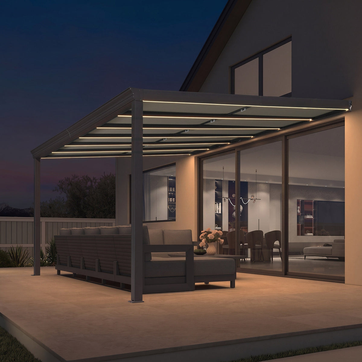 PURPLE LEAF – Pavillon mural avec toit gris en polycarbonate, structure en aluminium, stores plissés rétractables et ruban LED