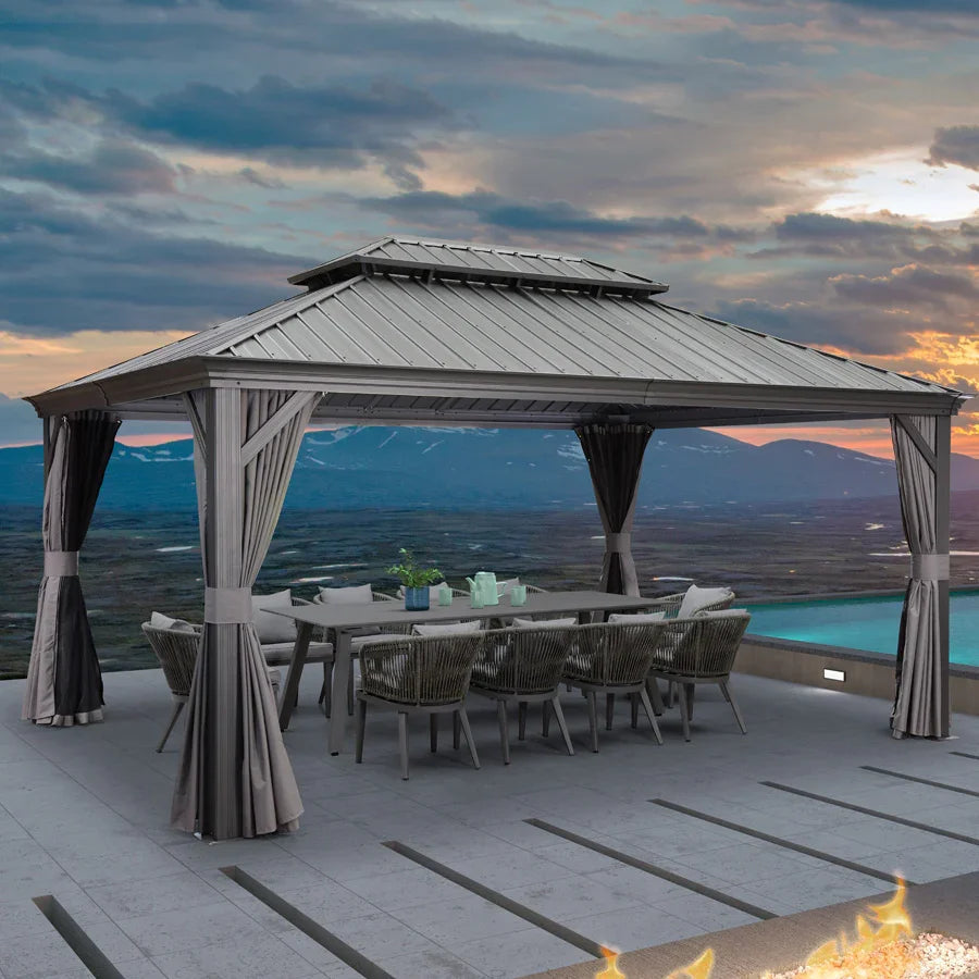 PURPLE LEAF – Pavillon de terrasse pour jardin, toit rigide gris en acier galvanisé avec rideau amélioré