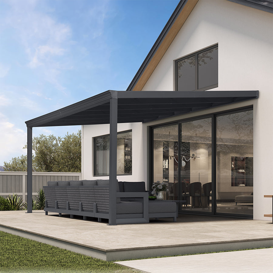 PURPLE LEAF – Pavillon mural avec toit gris en polycarbonate et structure en aluminium, couverture de terrasse pour porche