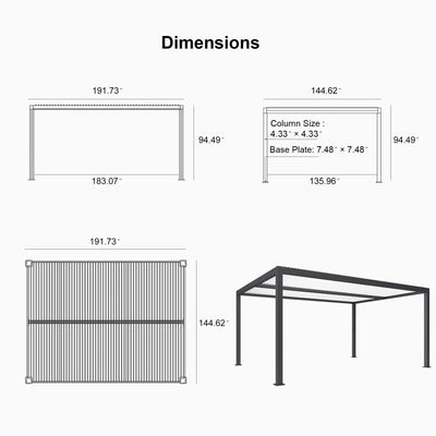 PURPLE LEAF Athena – Pergola extérieure grise en aluminium à lames orientables avec paroi à volets, réglable et étanche à la pluie