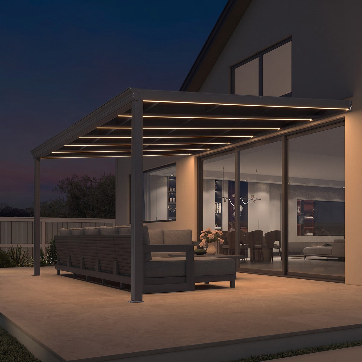 PURPLE LEAF – Pavillon mural avec toit gris en polycarbonate, structure en aluminium et ruban lumineux pour porche