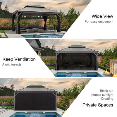 PURPLE LEAF – Pavillon de terrasse pour piscine, toit rigide gris clair en acier galvanisé avec rideaux améliorés