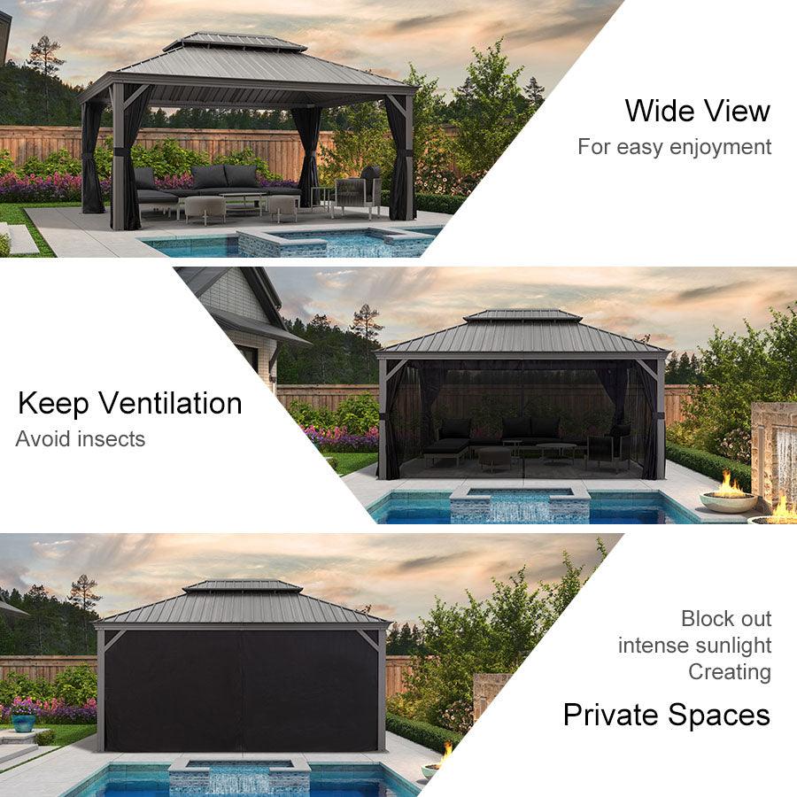 PURPLE LEAF – Pavillon de terrasse pour piscine, toit rigide gris clair en acier galvanisé avec rideaux améliorés