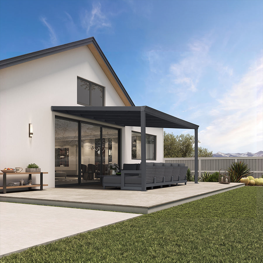 PURPLE LEAF – Pavillon mural avec toit gris en polycarbonate et structure en aluminium, couverture de terrasse pour porche