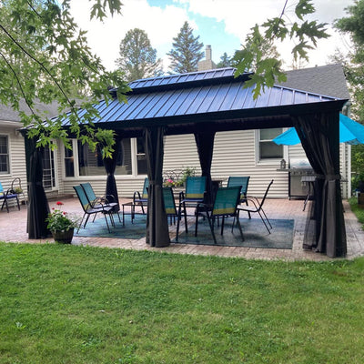 PURPLE LEAF – Pavillon de terrasse pour jardin, toit rigide gris en acier galvanisé avec rideau amélioré